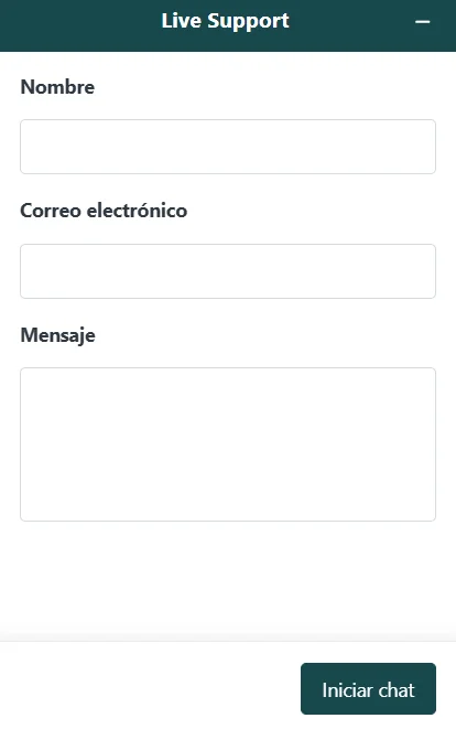 Frumzi Casino formulario de chat en vivo con nombre, correo electrónico y mensaje