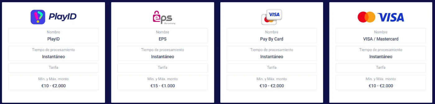 Frumzi Casino métodos de pago con PlayID, EPS, Visa y Mastercard