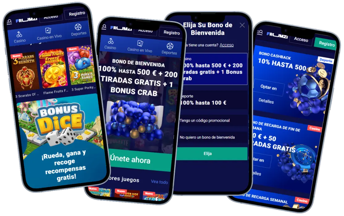 Frumzi Casino versión móvil con bonos, promociones, slots y selección de bienvenida